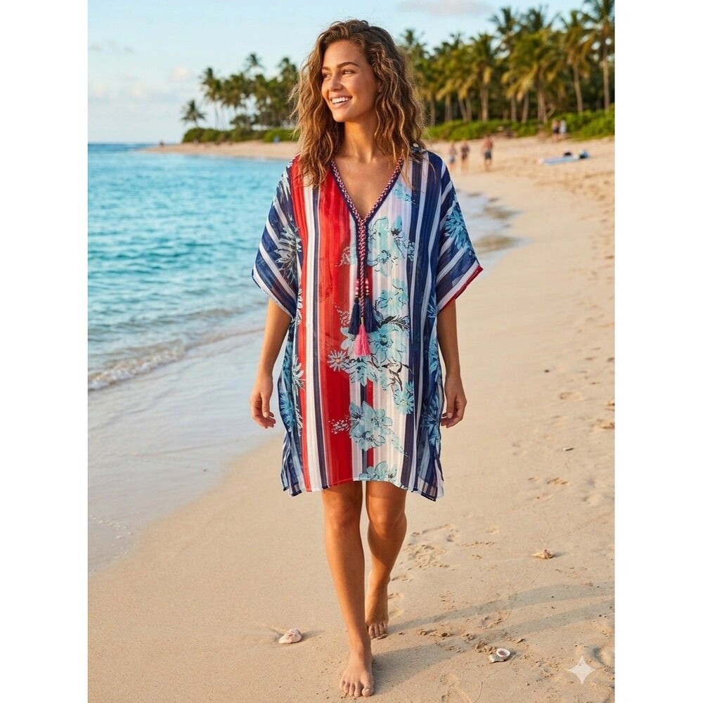 New Fig & Vine Striped Floral Tassel Boho Chic Sheer Beach Cover Up S/M Red Blue